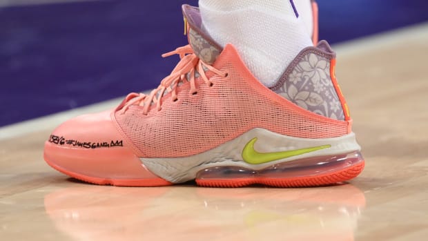View of pink Nike LeBron shoes.